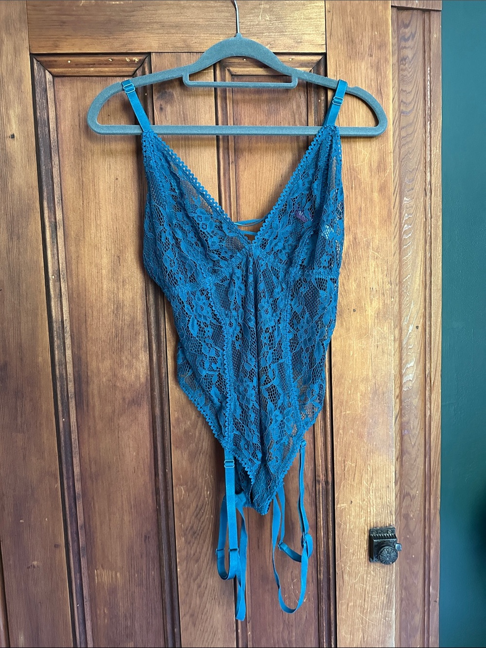 Adore Me Teal Lace Bodysuit with Garter Straps